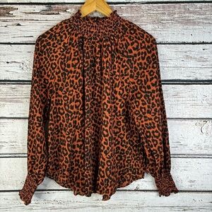 LOFT Leopard Print Orange Black Smocked Blouse Long Sleeve Mock Neck Size Medium